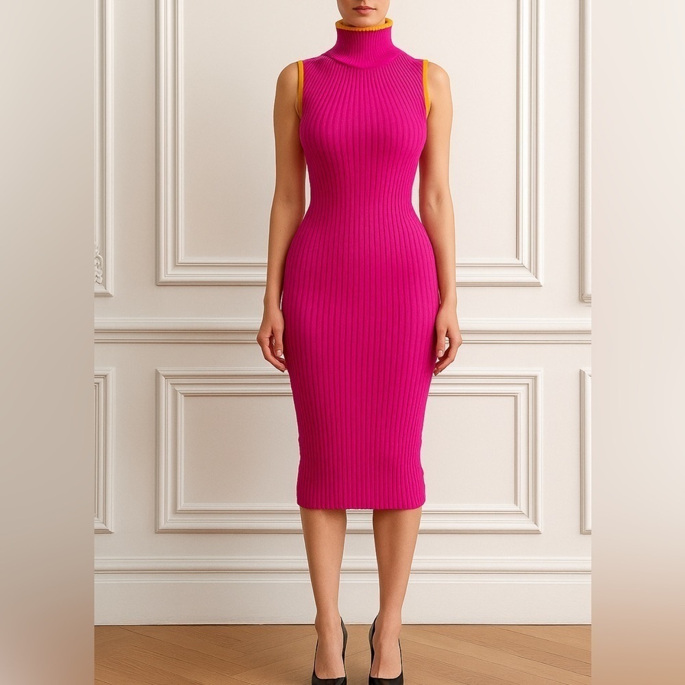 Commense Funnel Neck Pink Ribbed Knit Sweater Midi Dress Chic Casual Fall